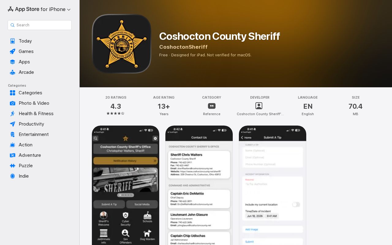 Apple App Store listing for the official Coshocton County Sheriff app