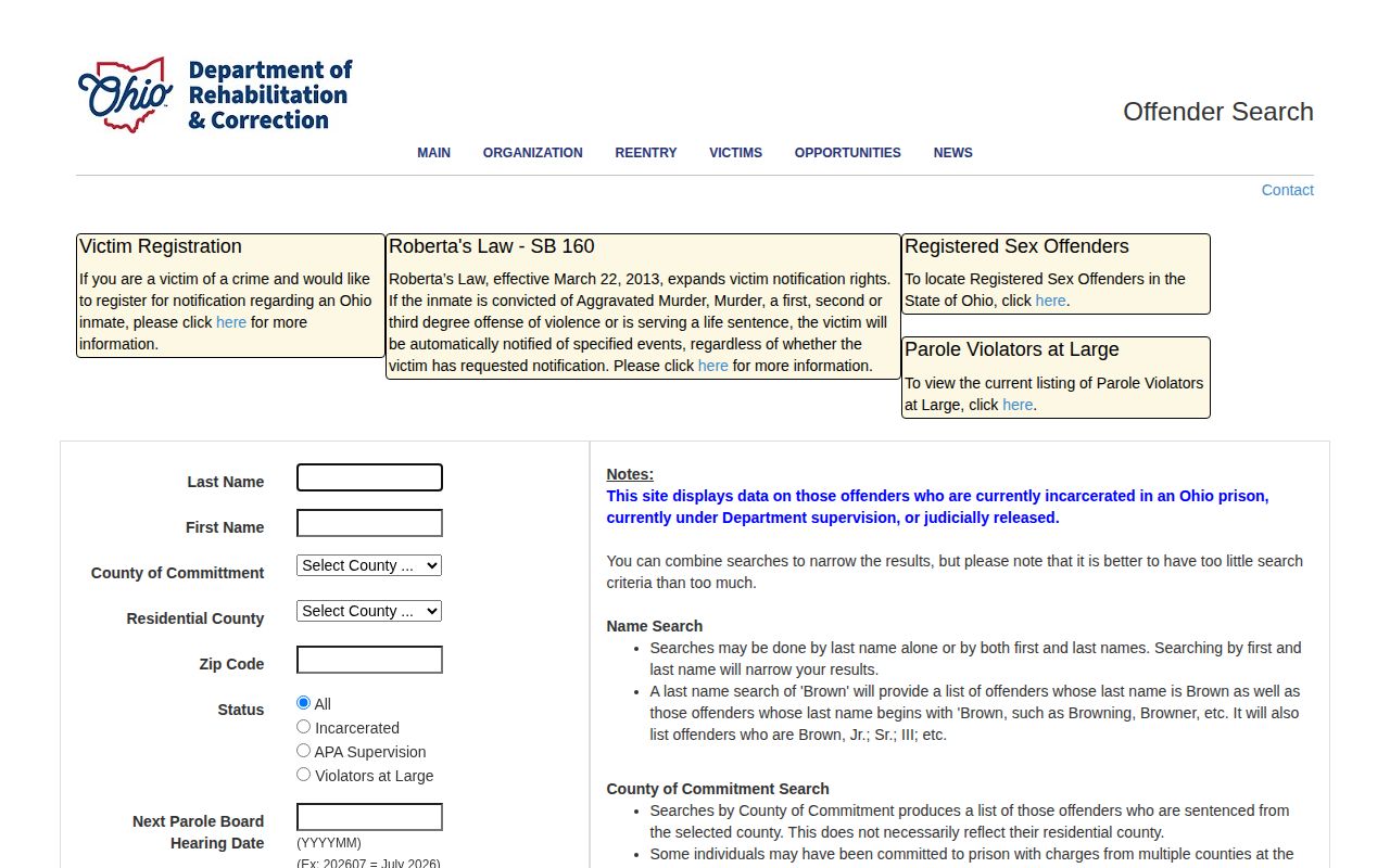 ODRC search fields used for Coshocton County released inmate records
