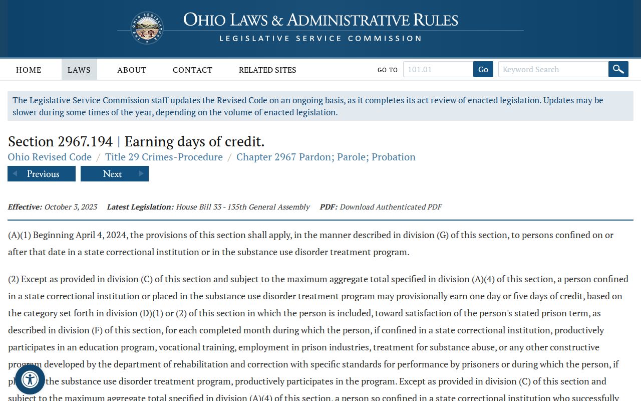 Ohio earned credit statute used in Coshocton County release date records