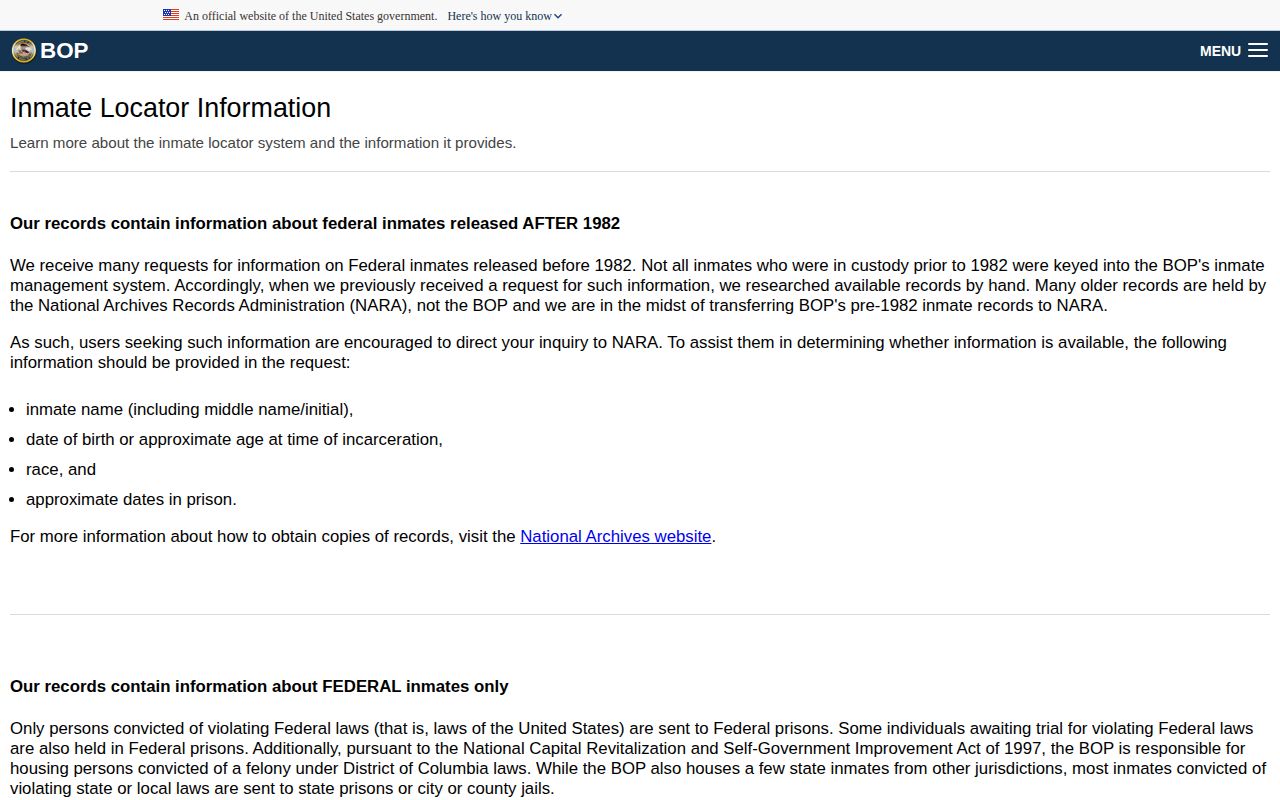 BOP released and not in custody status meanings for federal release records